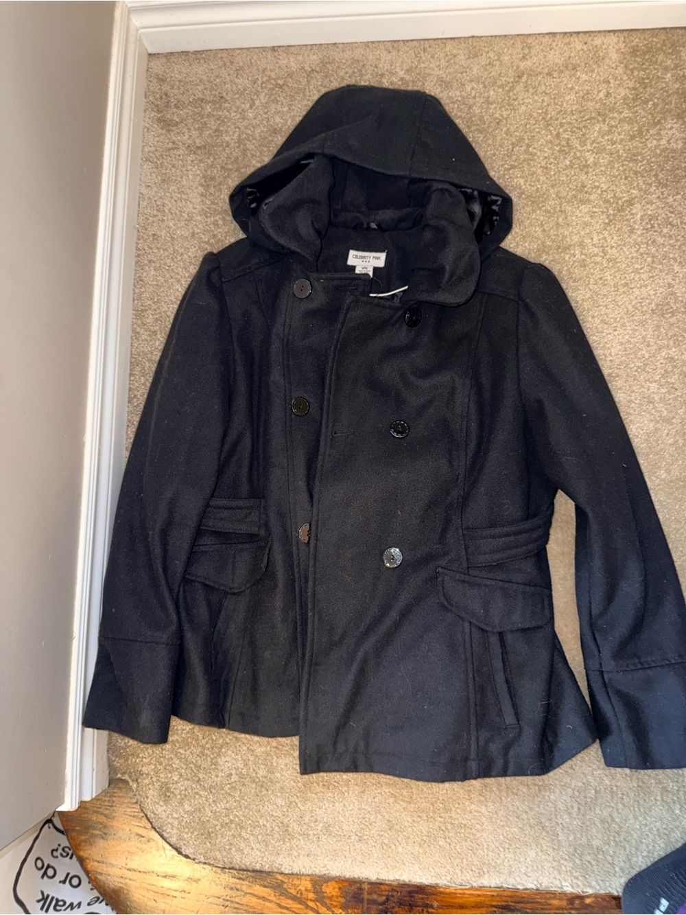 Celebrity Pink Black Hooded Double-Breasted Peacoat